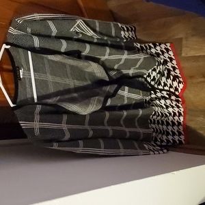 Venus long cardigan sweater black and white plaid with stripe red on bottom m